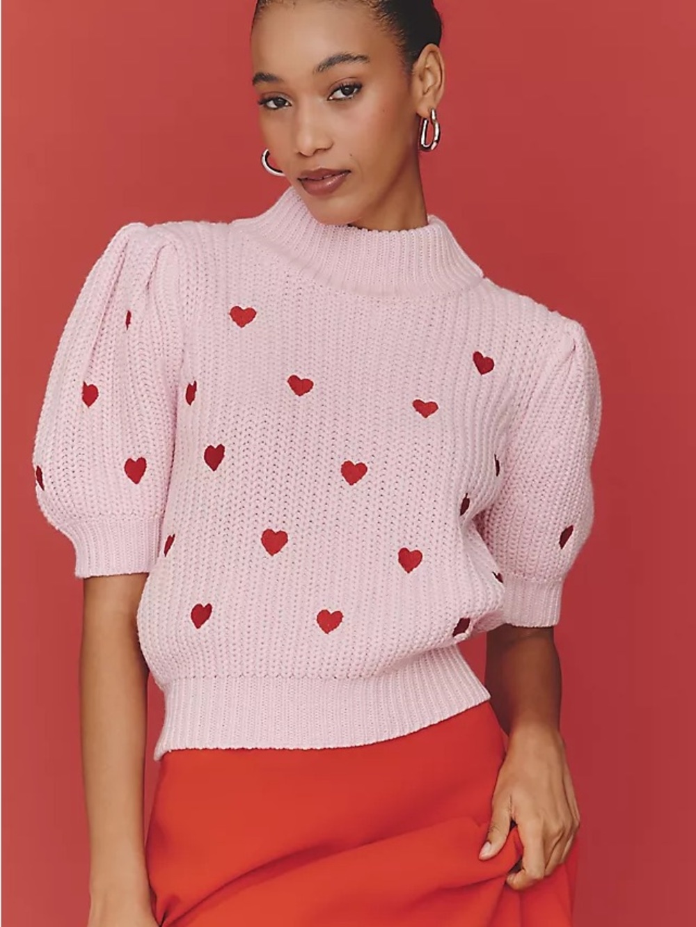 NWT - English Factory Pink Puff Sleeve Heart Knit Sweater